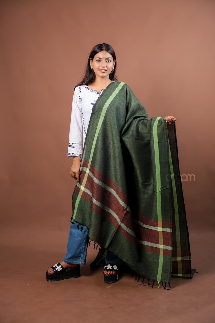 Olive Green Kolika Cotton Linen Dupatta with Woven Checks