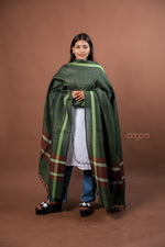 Load image into Gallery viewer, Olive Green Kolika Cotton Linen Dupatta with Woven Checks