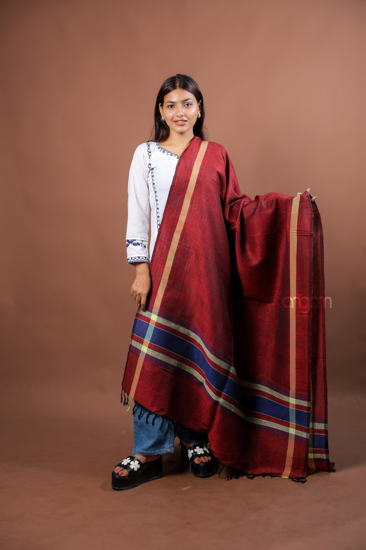 Maroon Kolika Cotton Linen Dupatta with Contrast Woven Border