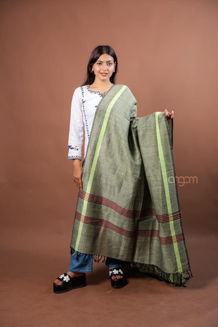 Sage Green Kolika Cotton Linen Dupatta with Woven Stripes