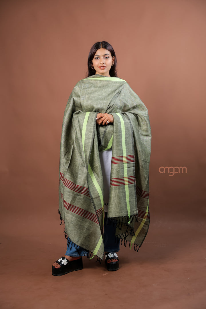 Sage Green Kolika Cotton Linen Dupatta with Woven Stripes