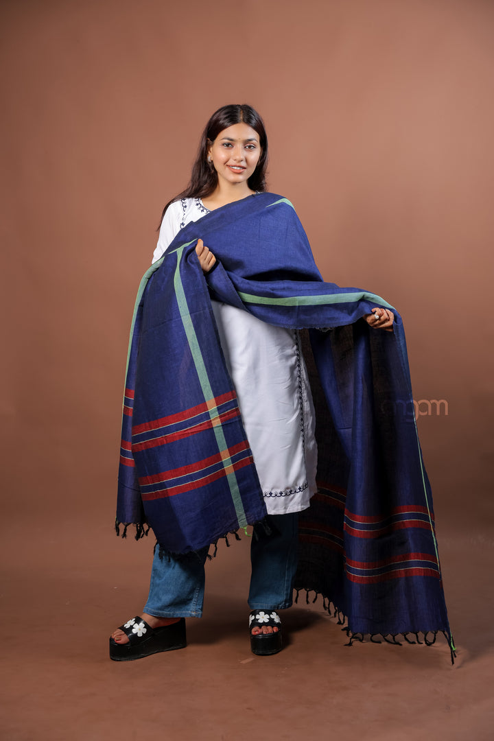 Navy Blue Kolika Cotton Linen Dupatta with Woven Border