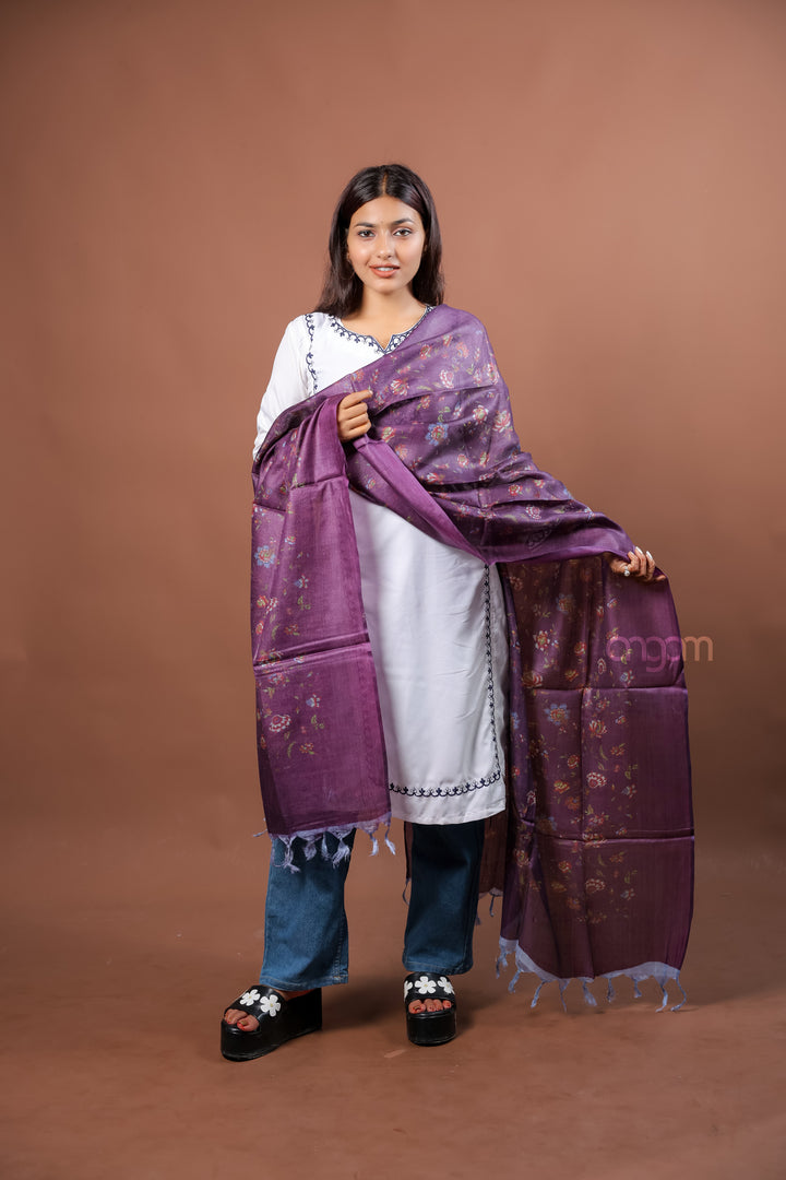 Purple Slub Digital Print Dupatta with All Over Floral Motifs