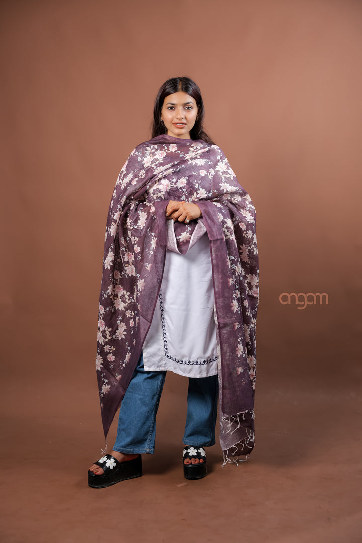 Mauve Linen Digital Print Dupatta with Soft Floral Pattern Allover