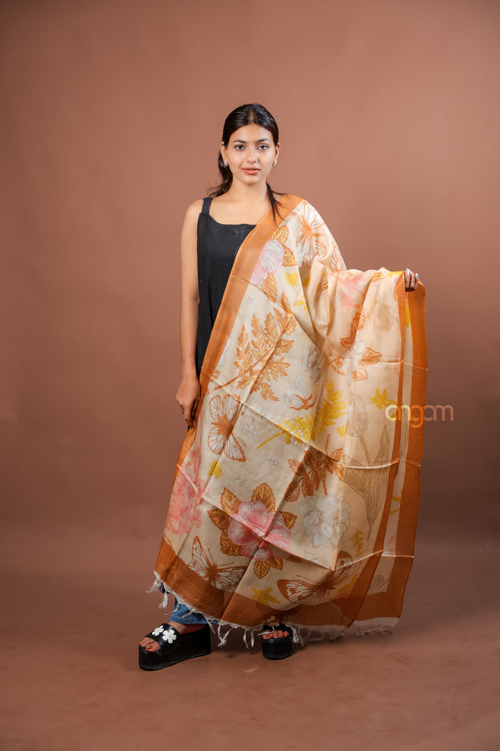 Beige Slub Dupatta with Warm Floral Digital Print