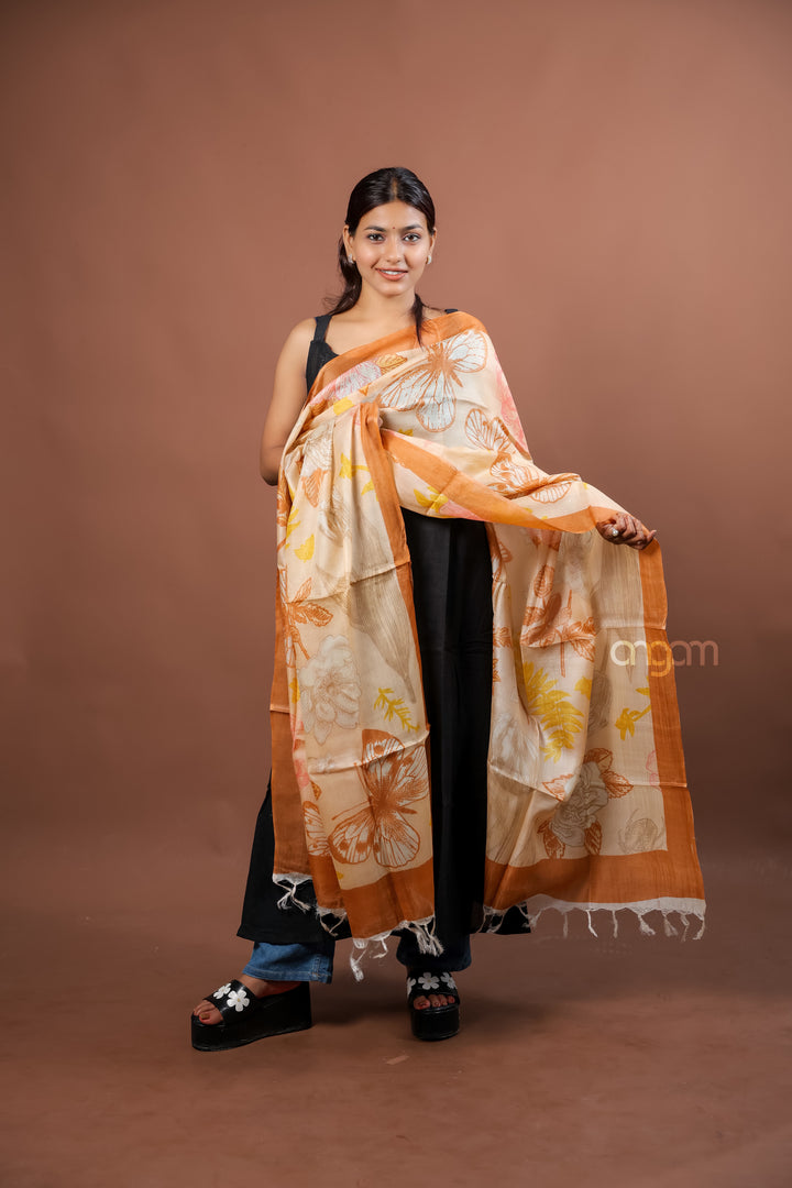 Beige Slub Dupatta with Warm Floral Digital Print