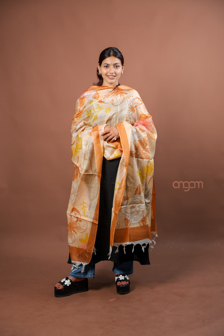 Beige Slub Dupatta with Warm Floral Digital Print