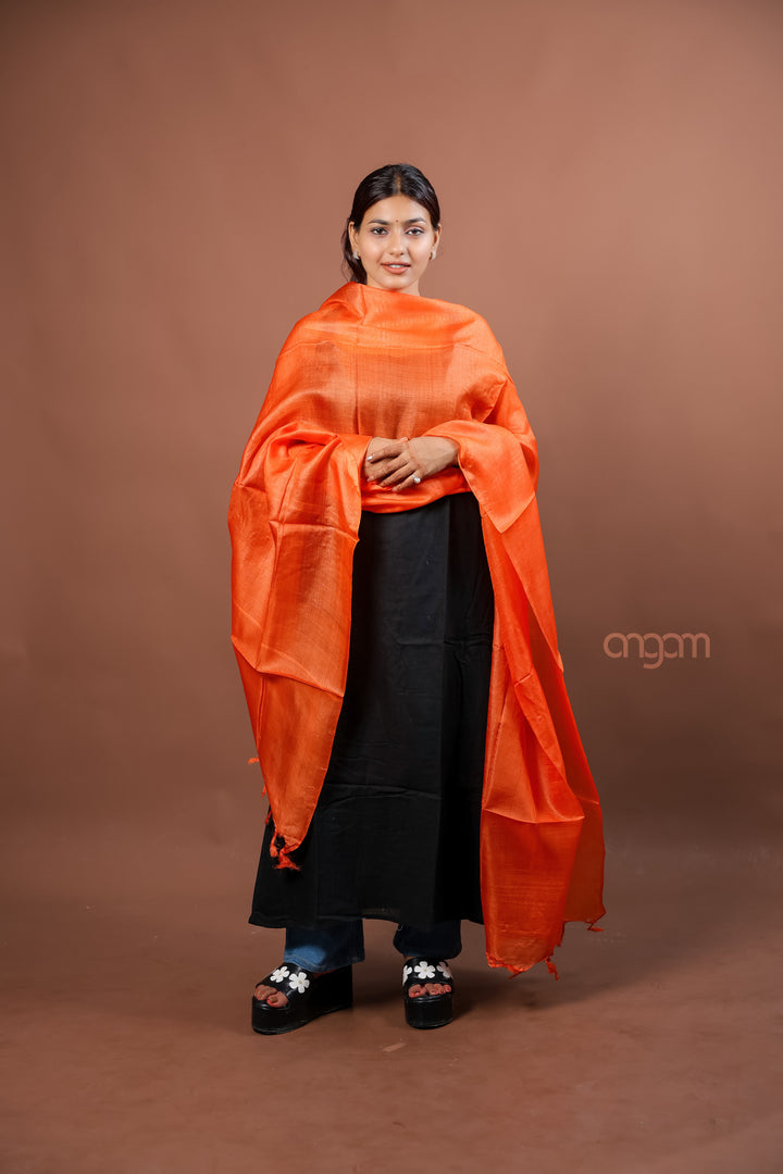 Bright Orange Plain Silk Dupatta with Soft Elegant Sheen