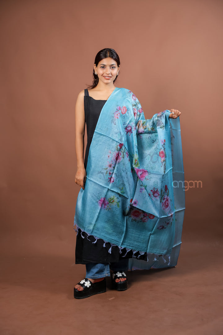 Sky Blue Slub Dupatta with Soft Floral Digital Print
