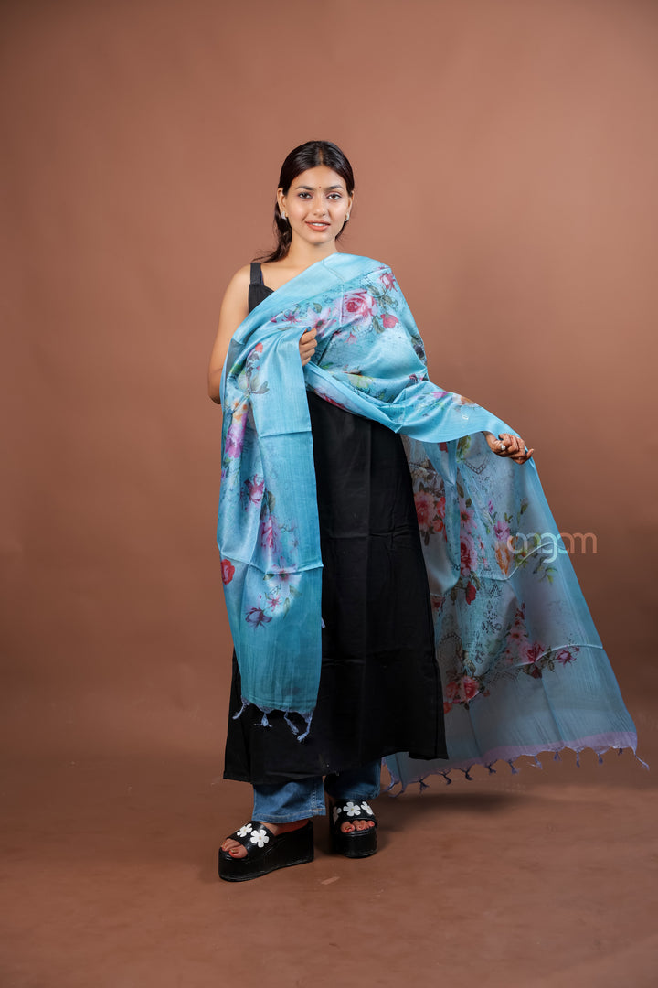 Sky Blue Slub Dupatta with Soft Floral Digital Print