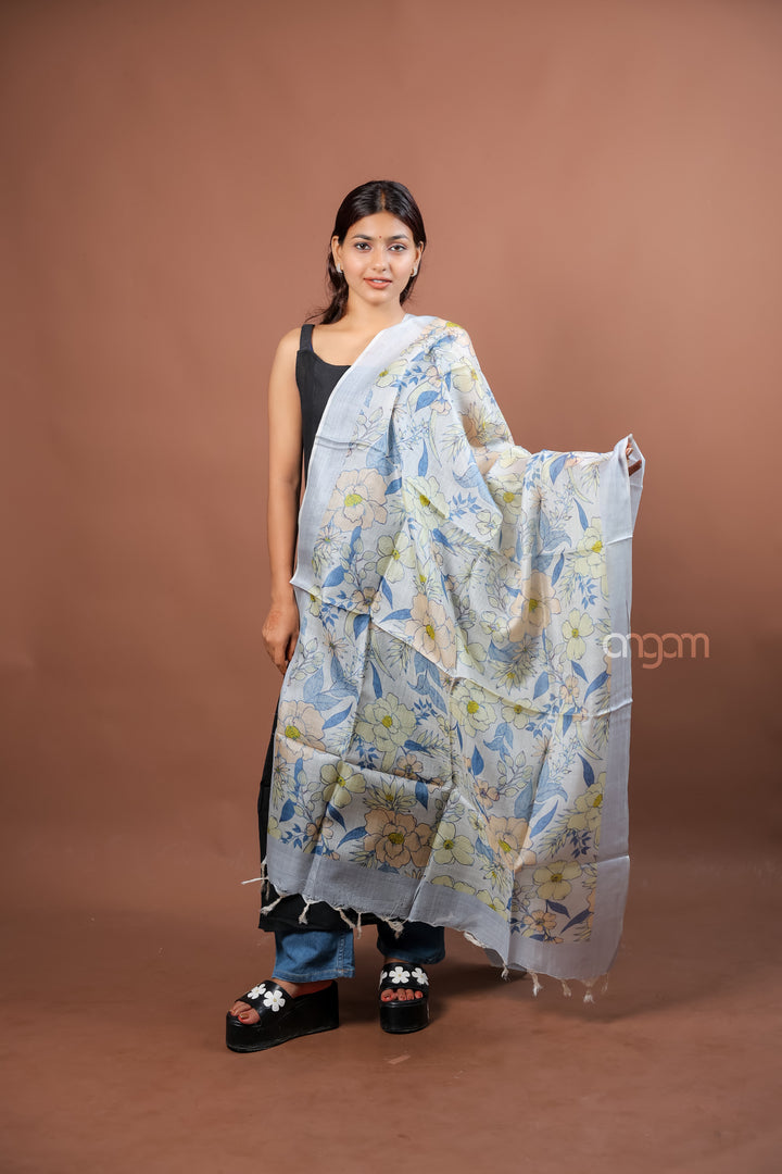 Ivory Silk Dupatta with Soft Blue Floral Digital Print