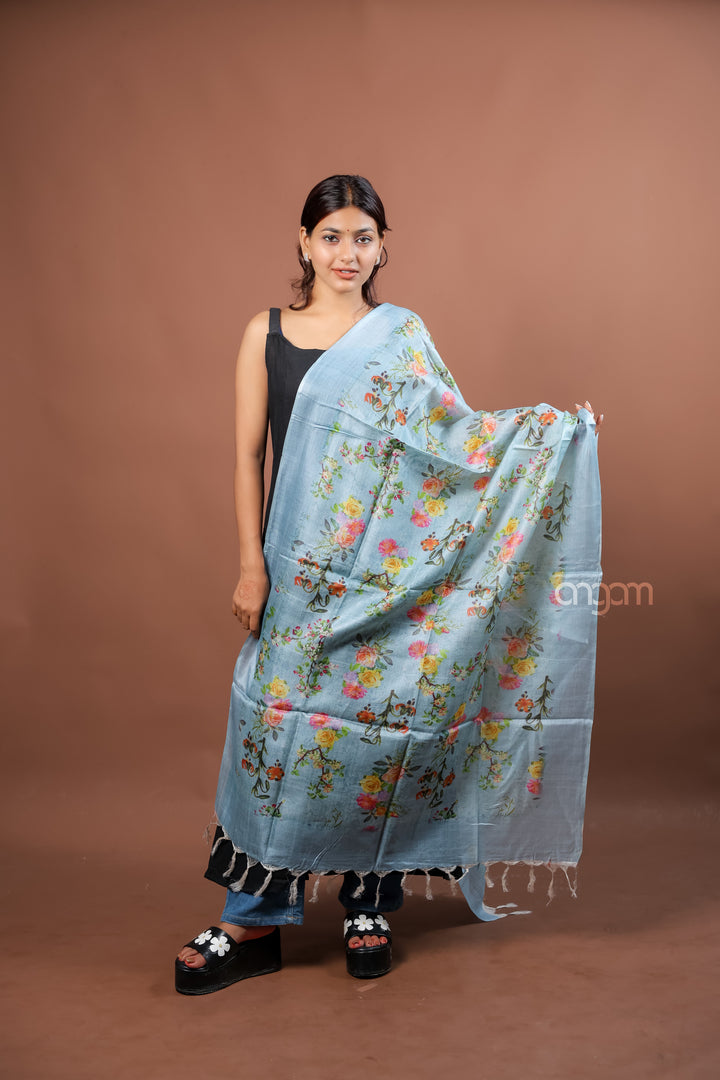 Powder Blue Silk Dupatta with Multicolor Floral Digital Print