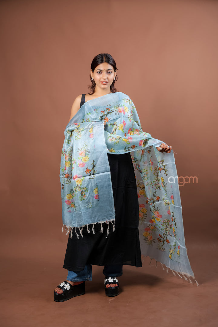 Powder Blue Silk Dupatta with Multicolor Floral Digital Print
