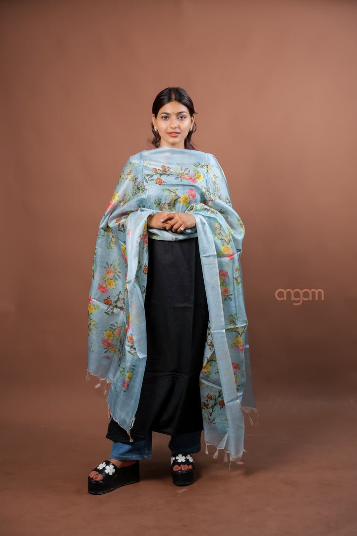 Powder Blue Silk Dupatta with Multicolor Floral Digital Print