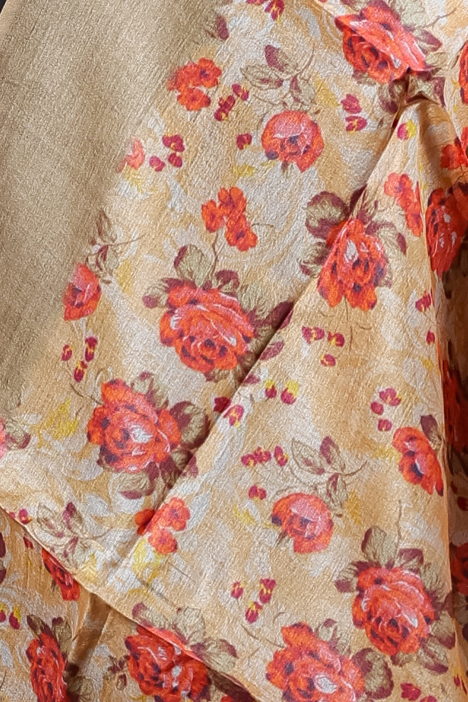 Beige Silk Dupatta with Red Floral Digital Print and Soft Texture
