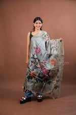 Load image into Gallery viewer, Grey Silk Dupatta with Pink Floral Digital Print and Elegant Design