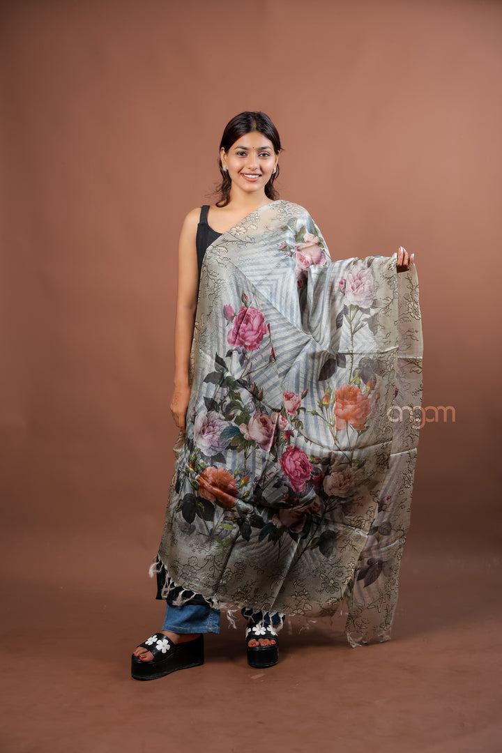 Grey Silk Dupatta with Pink Floral Digital Print and Elegant Design