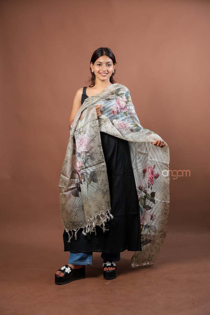 Grey Silk Dupatta with Pink Floral Digital Print and Elegant Design