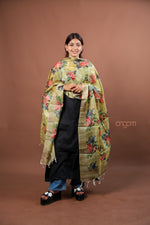 Load image into Gallery viewer, Olive Green Silk Dupatta with Multicolor Floral Digital Print Elegant Design