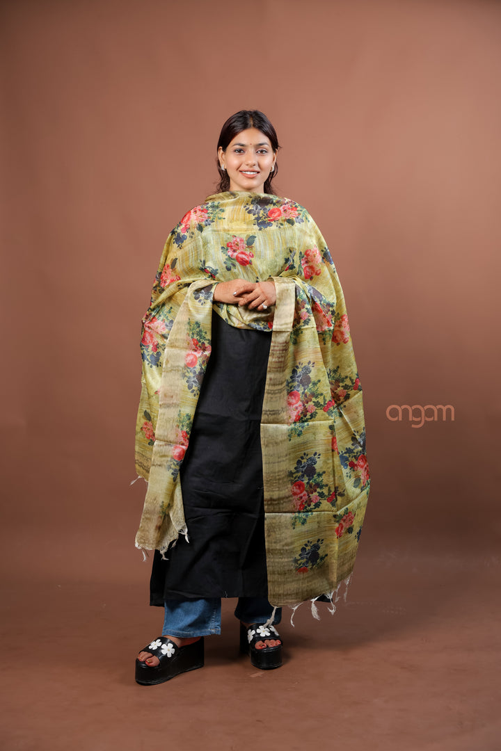 Olive Green Silk Dupatta with Multicolor Floral Digital Print Elegant Design