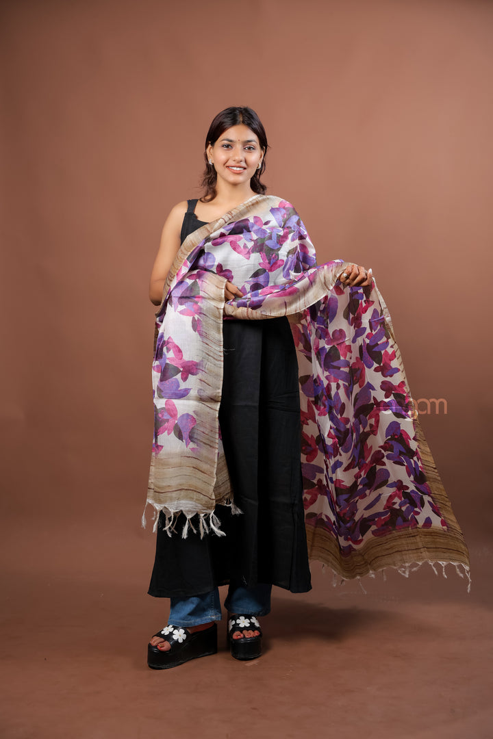 Ivory Silk Dupatta with Abstract Floral Digital Print in Vibrant Purple Tones
