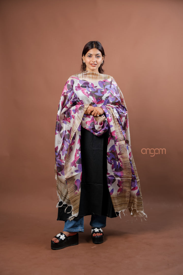 Ivory Silk Dupatta with Abstract Floral Digital Print in Vibrant Purple Tones
