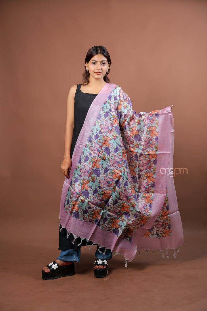 Lavender Silk Dupatta with Multicolor Floral Digital Print Elegant Contemporary Design