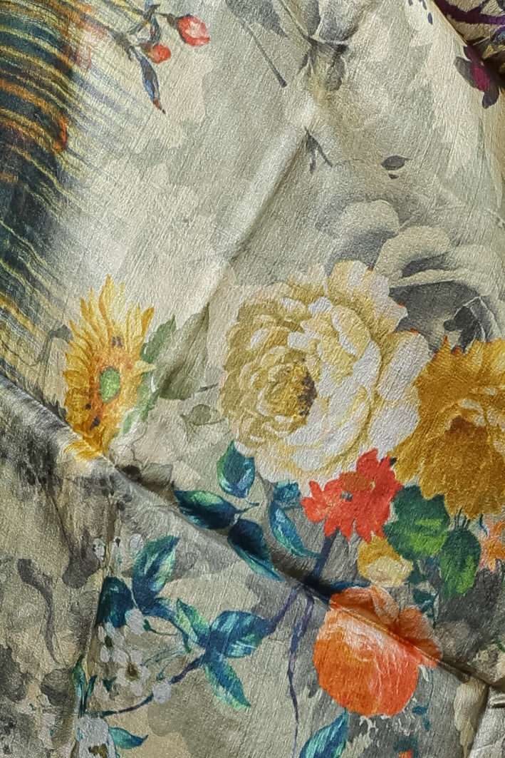Sage Green Silk Dupatta with Multicolor Floral Digital Print Elegant Design