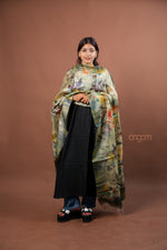 Load image into Gallery viewer, Sage Green Silk Dupatta with Multicolor Floral Digital Print Elegant Design
