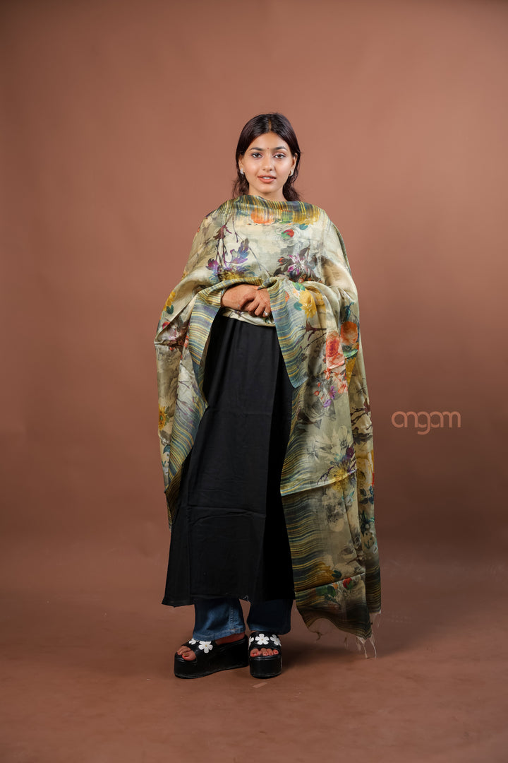 Sage Green Silk Dupatta with Multicolor Floral Digital Print Elegant Design
