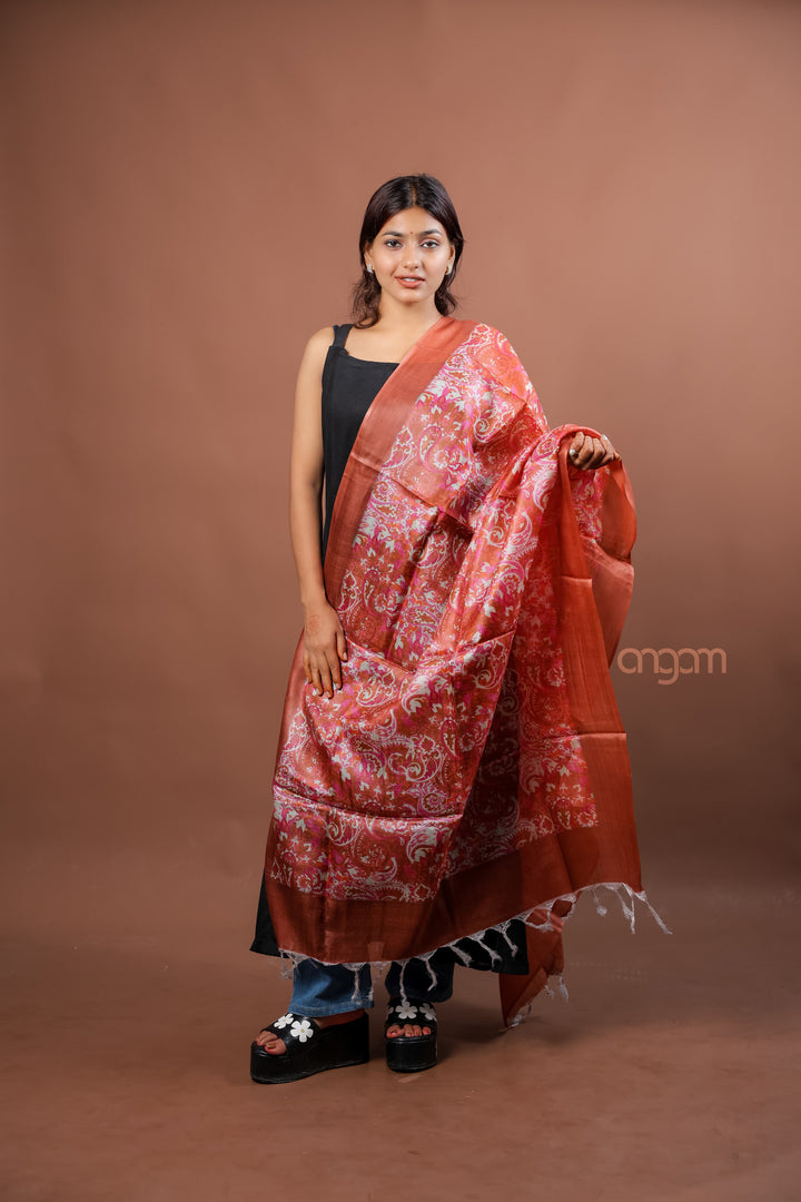 Coral Silk Dupatta with Pink Paisley Digital Print Elegant Ethnic Design