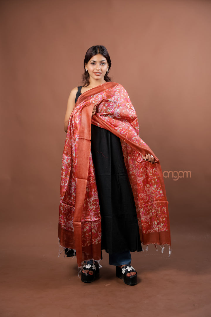 Coral Silk Dupatta with Pink Paisley Digital Print Elegant Ethnic Design