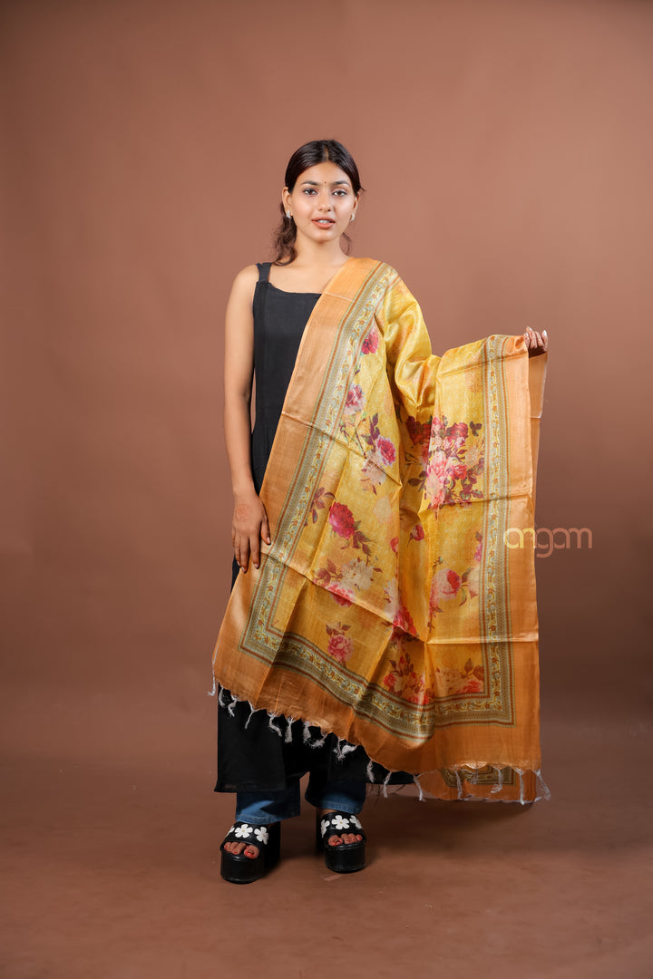 Mustard Yellow Silk Dupatta with Floral Digital Print and Elegant Border Design