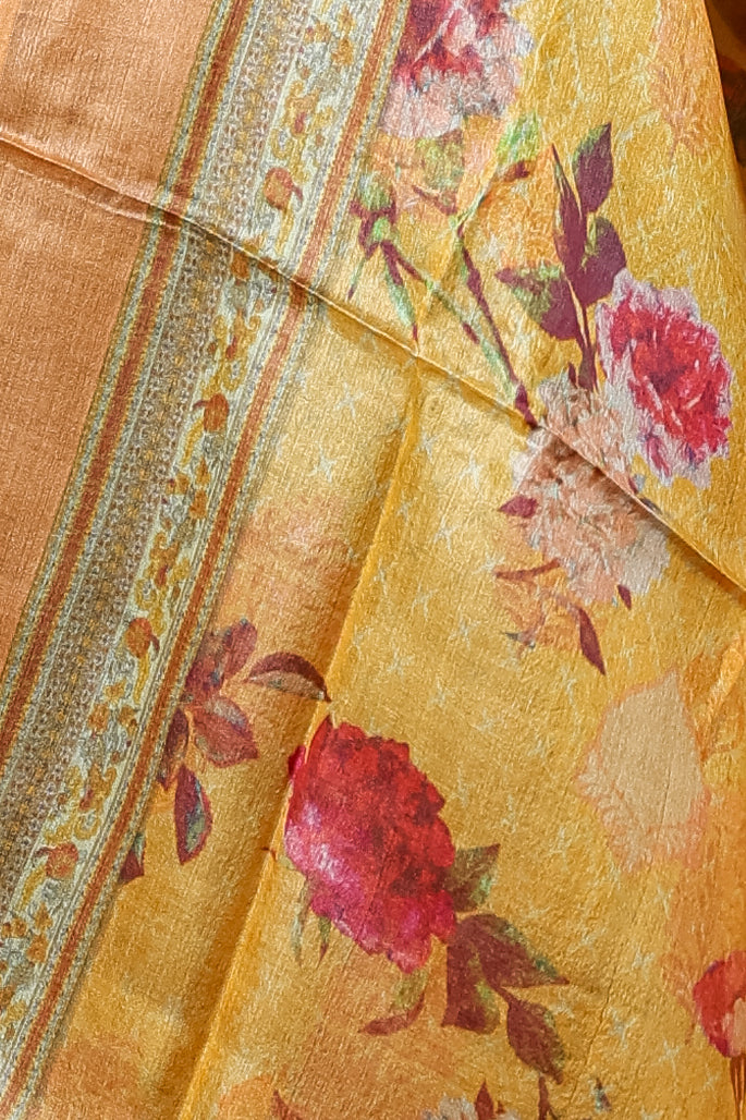 Mustard Yellow Silk Dupatta with Floral Digital Print and Elegant Border Design