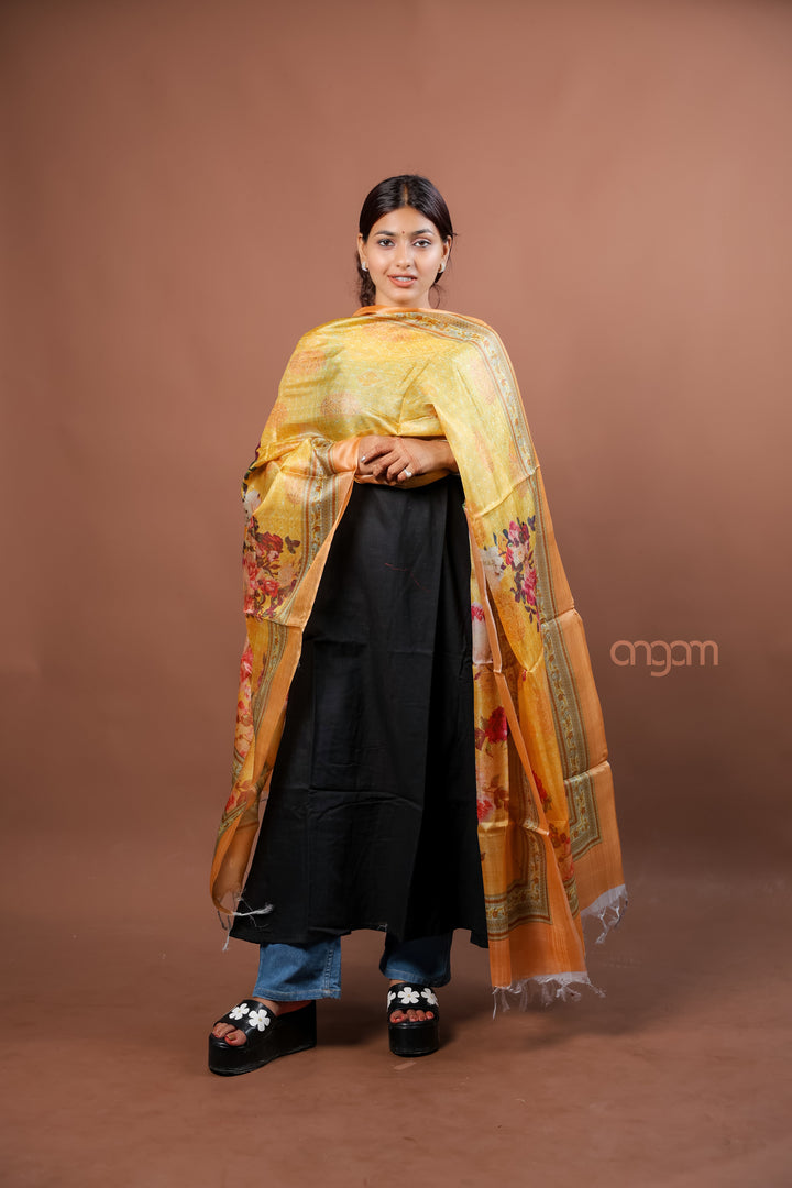 Mustard Yellow Silk Dupatta with Floral Digital Print and Elegant Border Design
