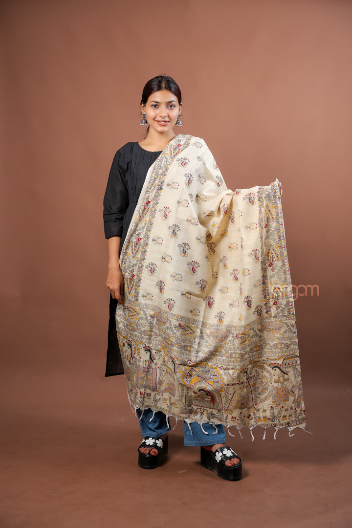 Cream Poly Dupion Dupatta with Traditional Screen Print and Decorative Border Design