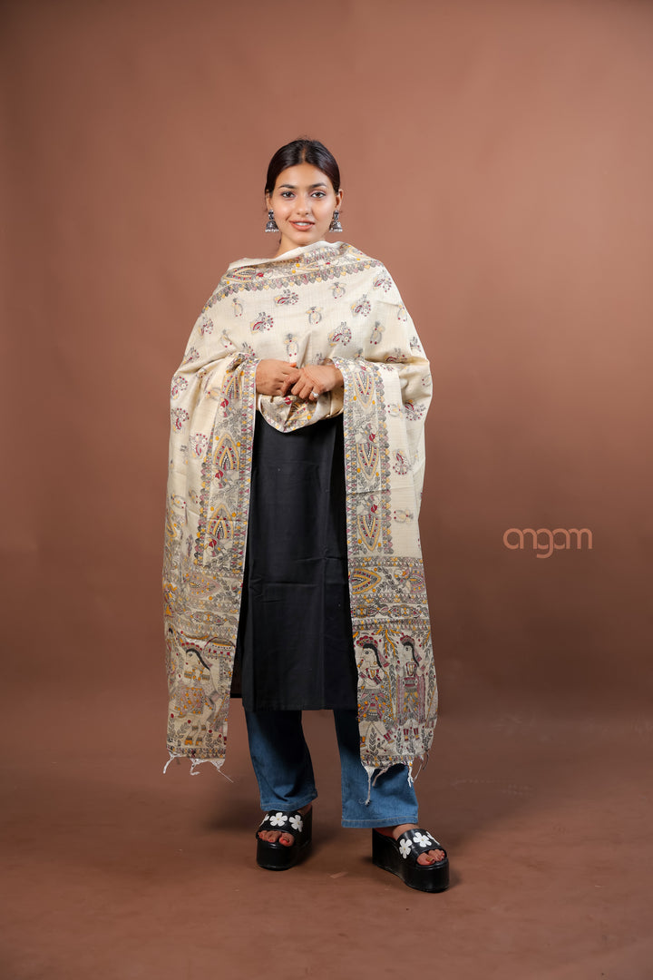 Cream Poly Dupion Dupatta with Traditional Screen Print and Decorative Border Design