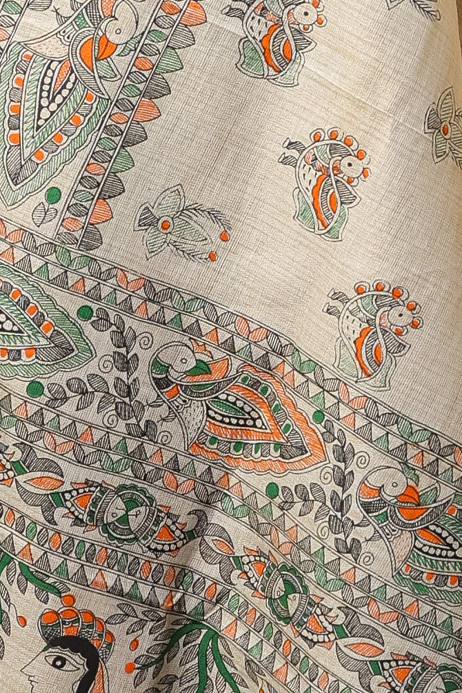 Cream Poly Dupion Dupatta with Traditional Screen Print and Artistic Border Design