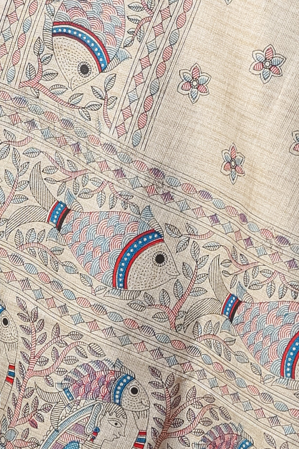 Cream Poly Dupion Dupatta with Traditional Screen Print and Folk Art Design