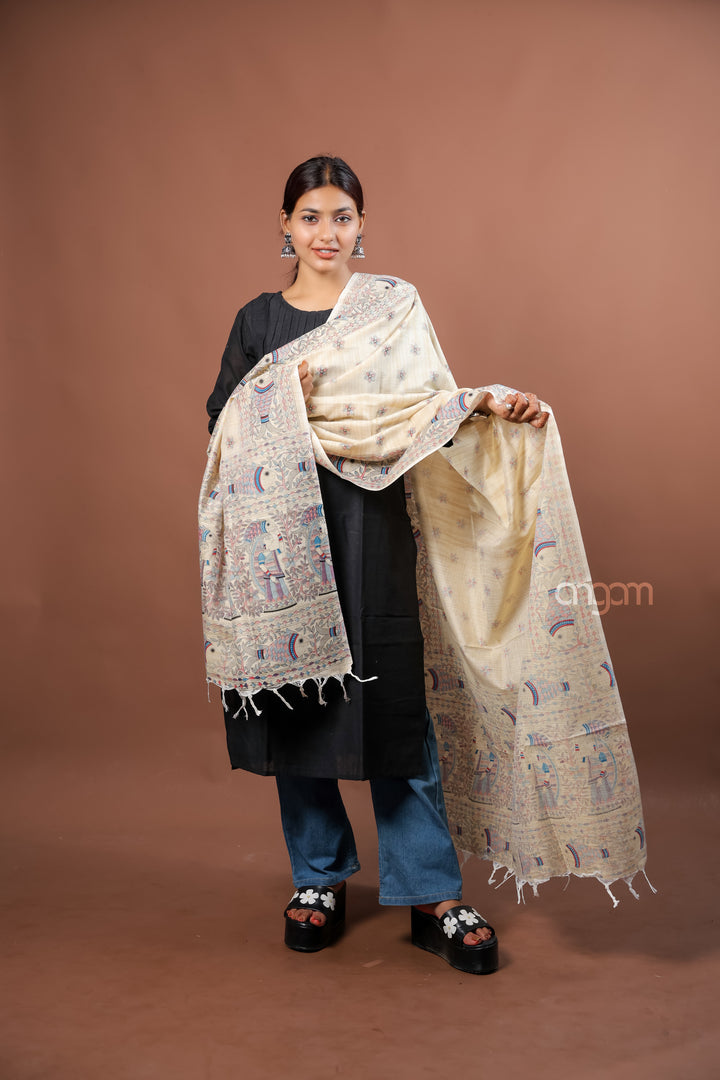 Cream Poly Dupion Dupatta with Traditional Screen Print and Folk Art Design
