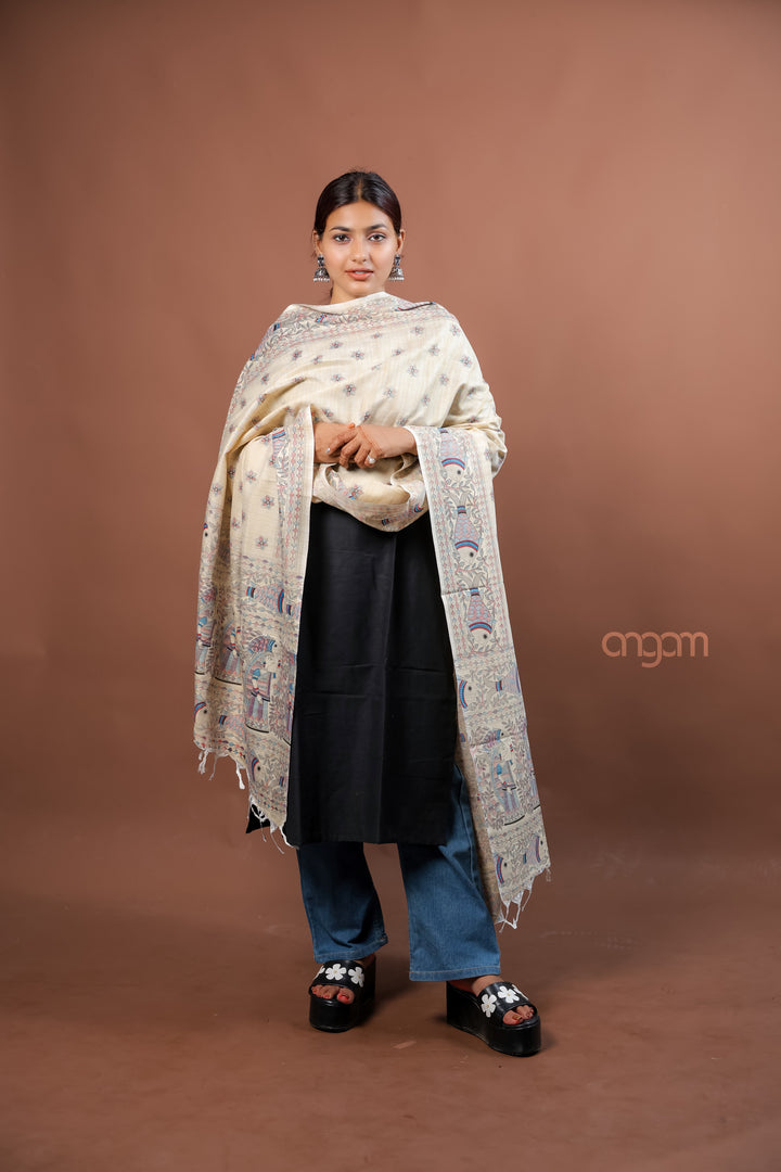 Cream Poly Dupion Dupatta with Traditional Screen Print and Folk Art Design