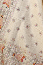 Load image into Gallery viewer, Cream Poly Dupion Dupatta with Traditional Screen Print and Fish Motif Border