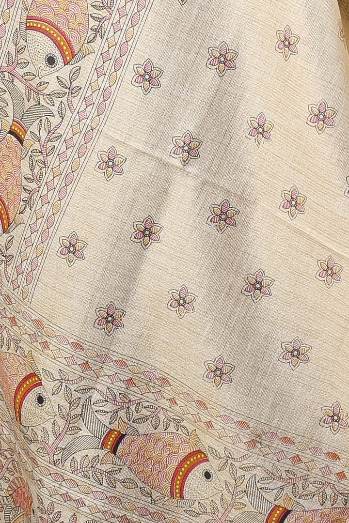Cream Poly Dupion Dupatta with Traditional Screen Print and Fish Motif Border