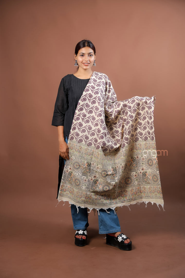Cream Poly Dupion Dupatta with Floral Screen Print and Folk Art Border