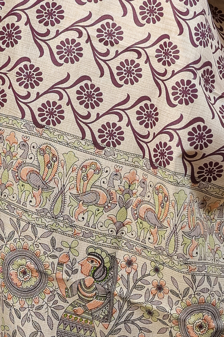Cream Poly Dupion Dupatta with Floral Screen Print and Folk Art Border