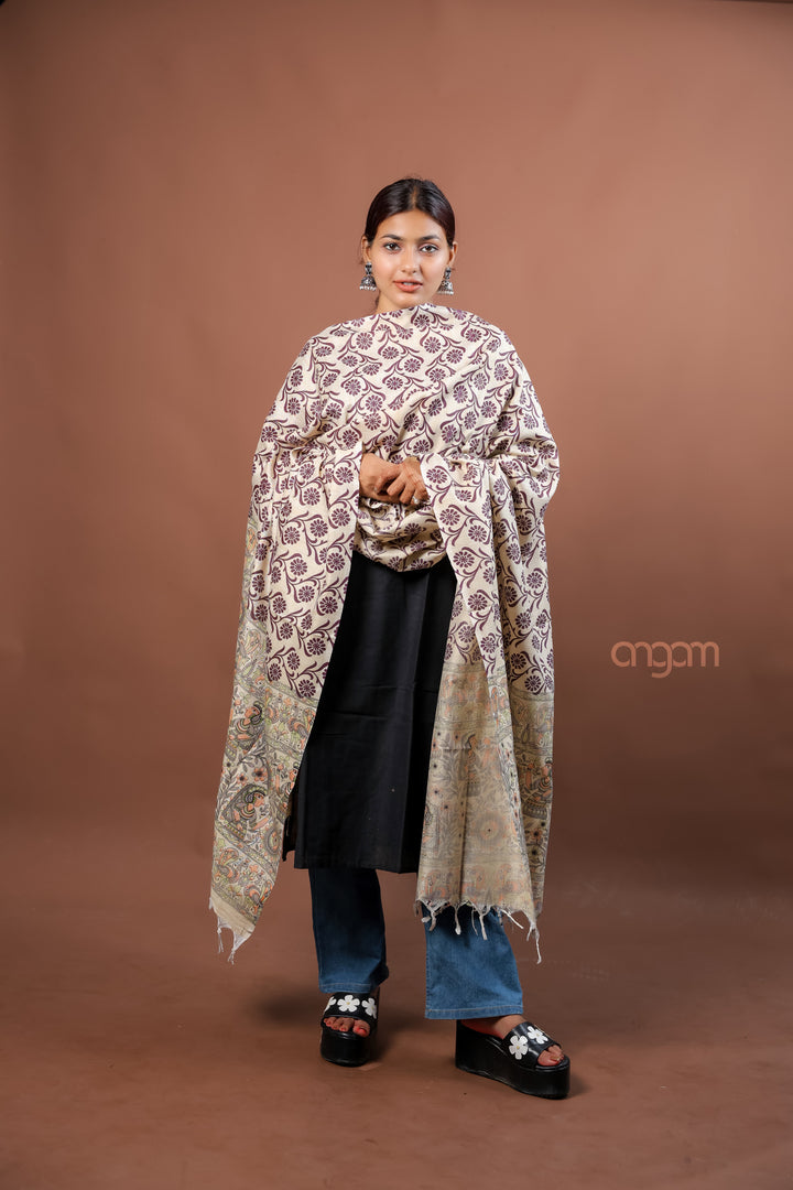 Cream Poly Dupion Dupatta with Floral Screen Print and Folk Art Border