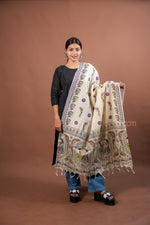 Load image into Gallery viewer, Cream Poly Dupion Dupatta with Traditional Screen Print and Peacock Border Design