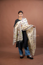 Load image into Gallery viewer, Cream Poly Dupion Dupatta with Traditional Screen Print and Peacock Border Design