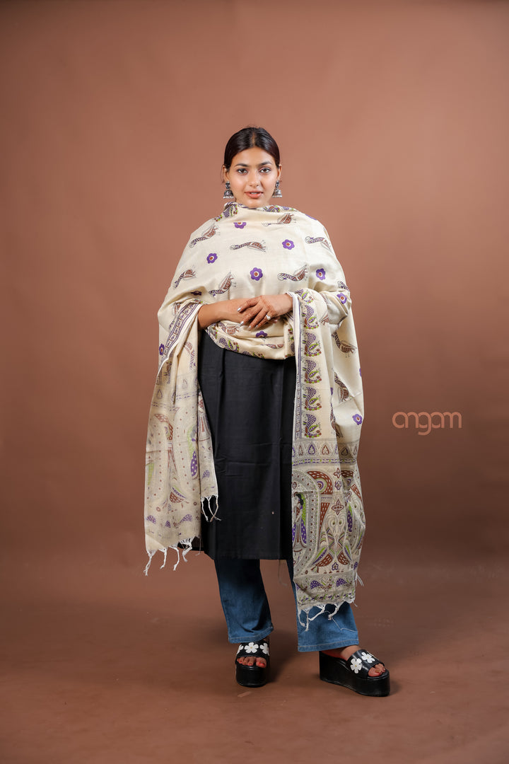 Cream Poly Dupion Dupatta with Traditional Screen Print and Peacock Border Design