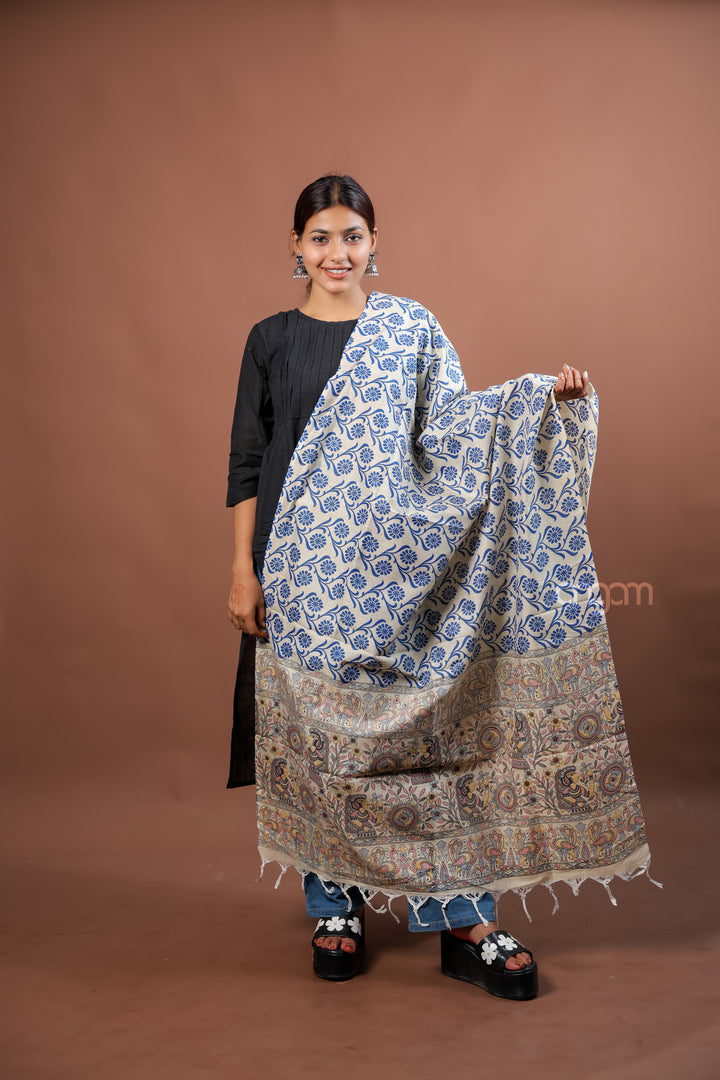 Cream Poly Dupion Dupatta with Blue Floral Screen Print Elegant Ethnic Design